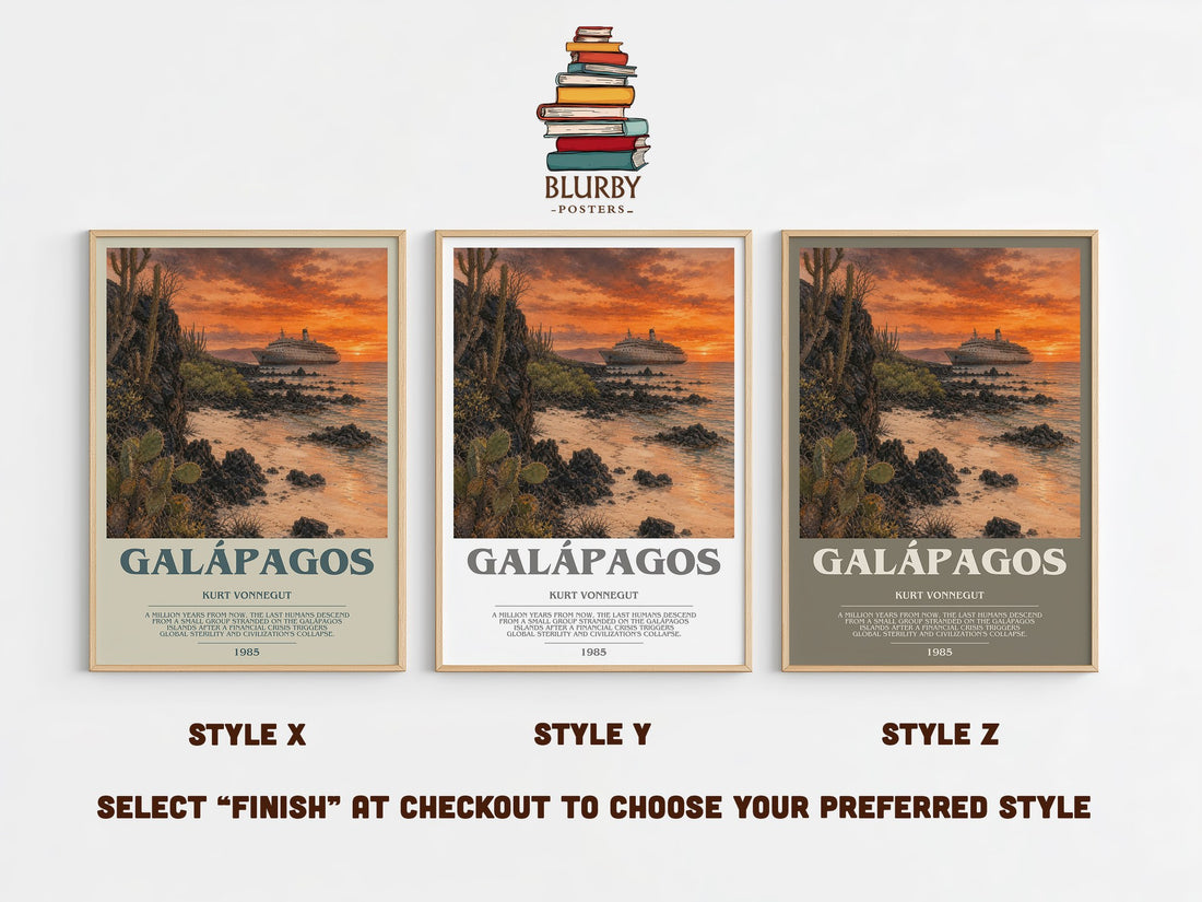 Galápagos bookish print in frame leaning in hallway – sci fi wall art (mockup)