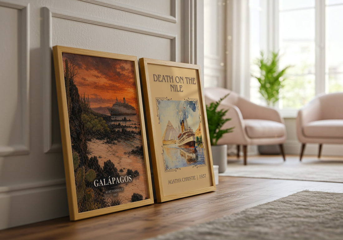 Galápagos watercolour print framed by window – literary home decor