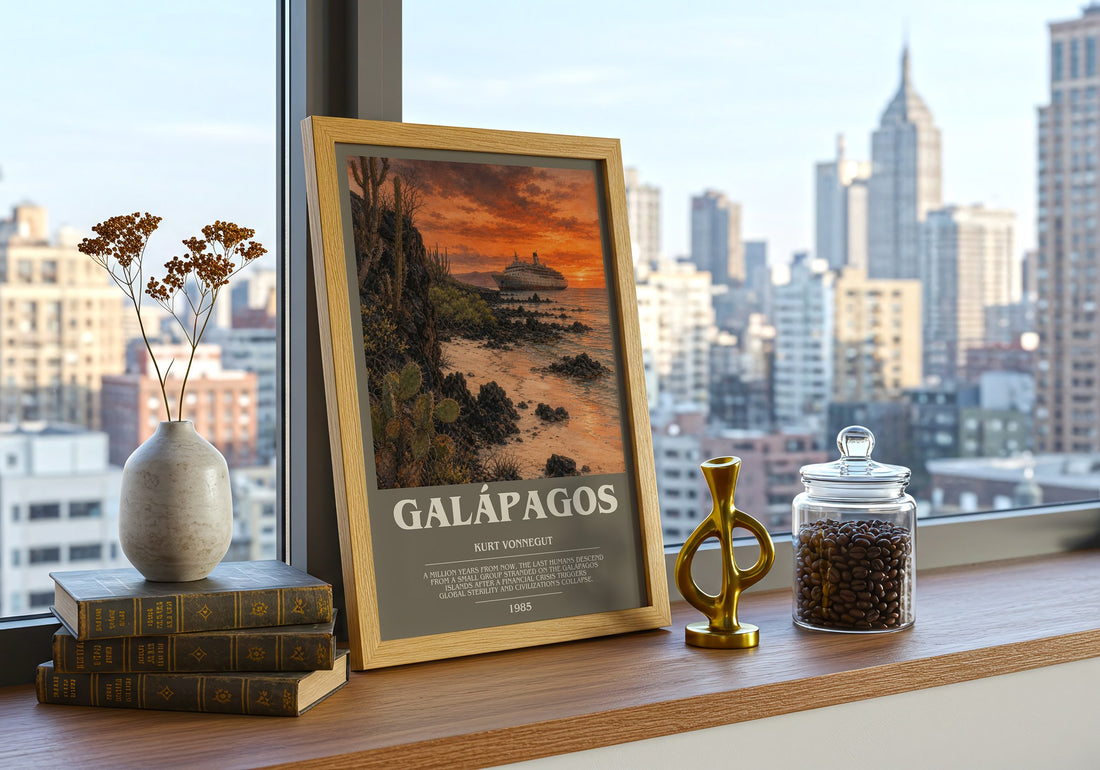 Galápagos bookish print framed by window – literary home decor