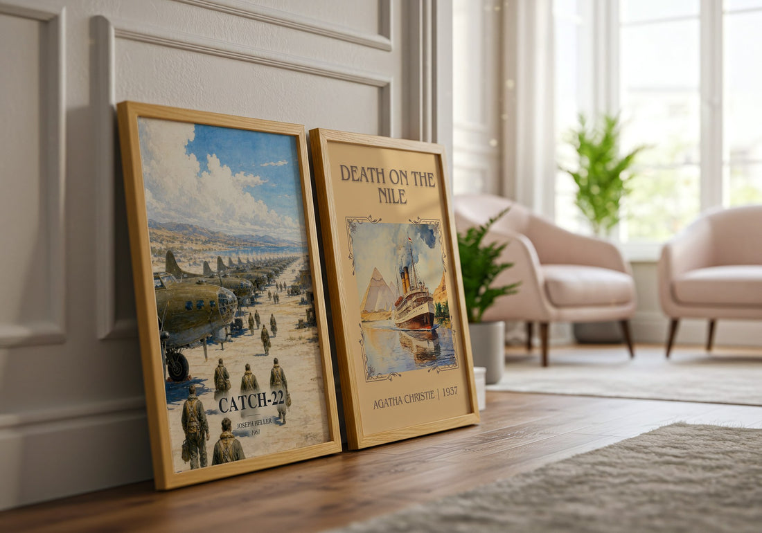 Catch-22 watercolour print framed by window – literary home decor