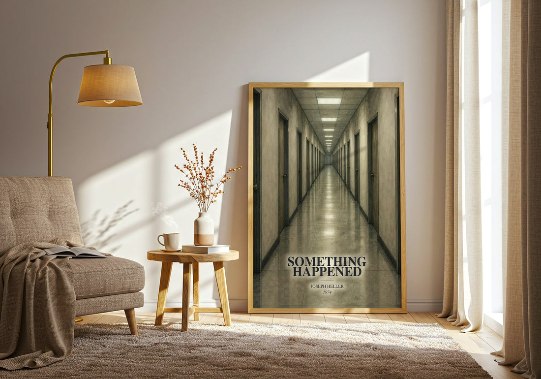 Something Happened watercolour print in frame leaning in hallway – literary fiction wall art (mockup)
