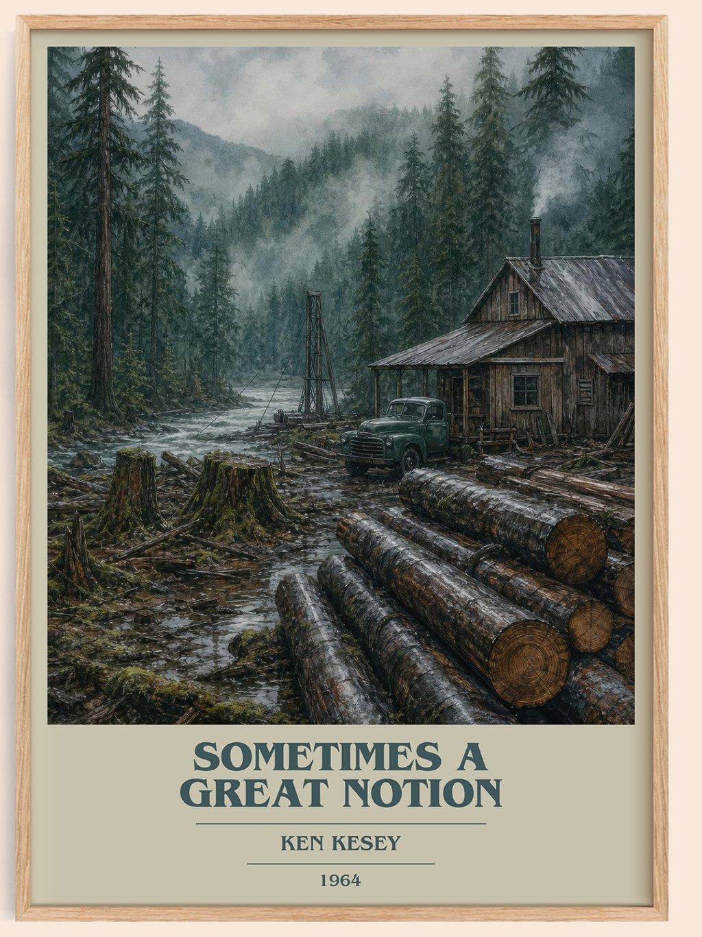 Sometimes a Great Notion book cover book poster by Ken Kesey – framed literary art print