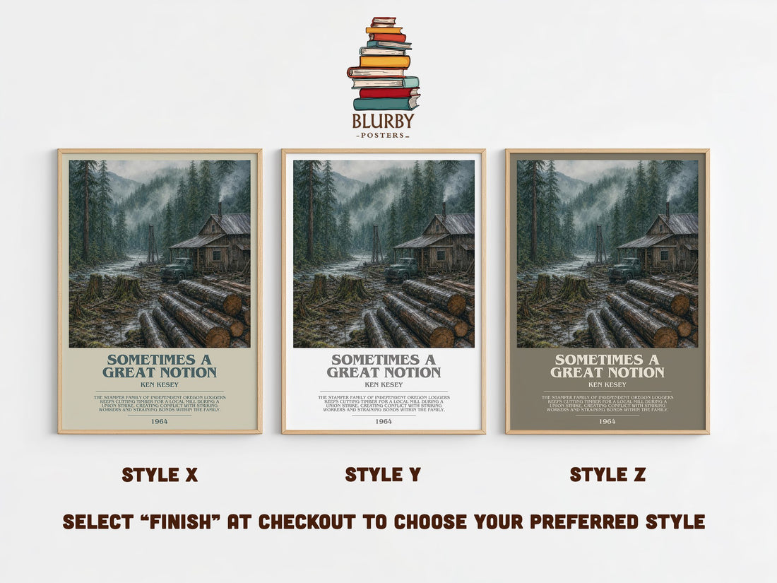 Sometimes a Great Notion bookish print in frame leaning in hallway – literary fiction wall art (mockup)