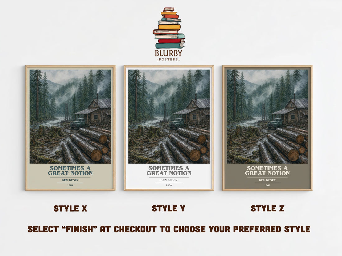 Sometimes a Great Notion book cover print in frame leaning in hallway – literary fiction wall art (mockup)