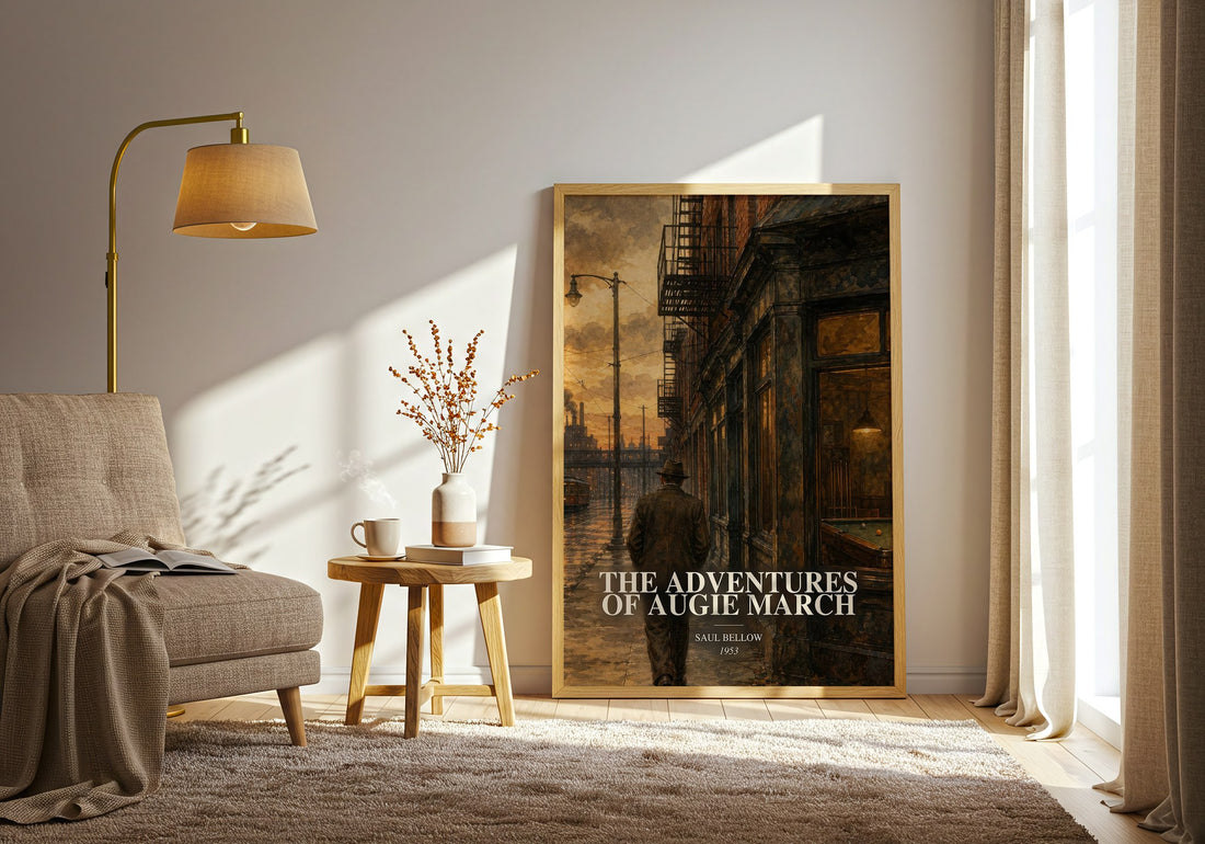The Adventures of Augie March watercolour print in frame leaning in hallway – literary fiction wall art (mockup)