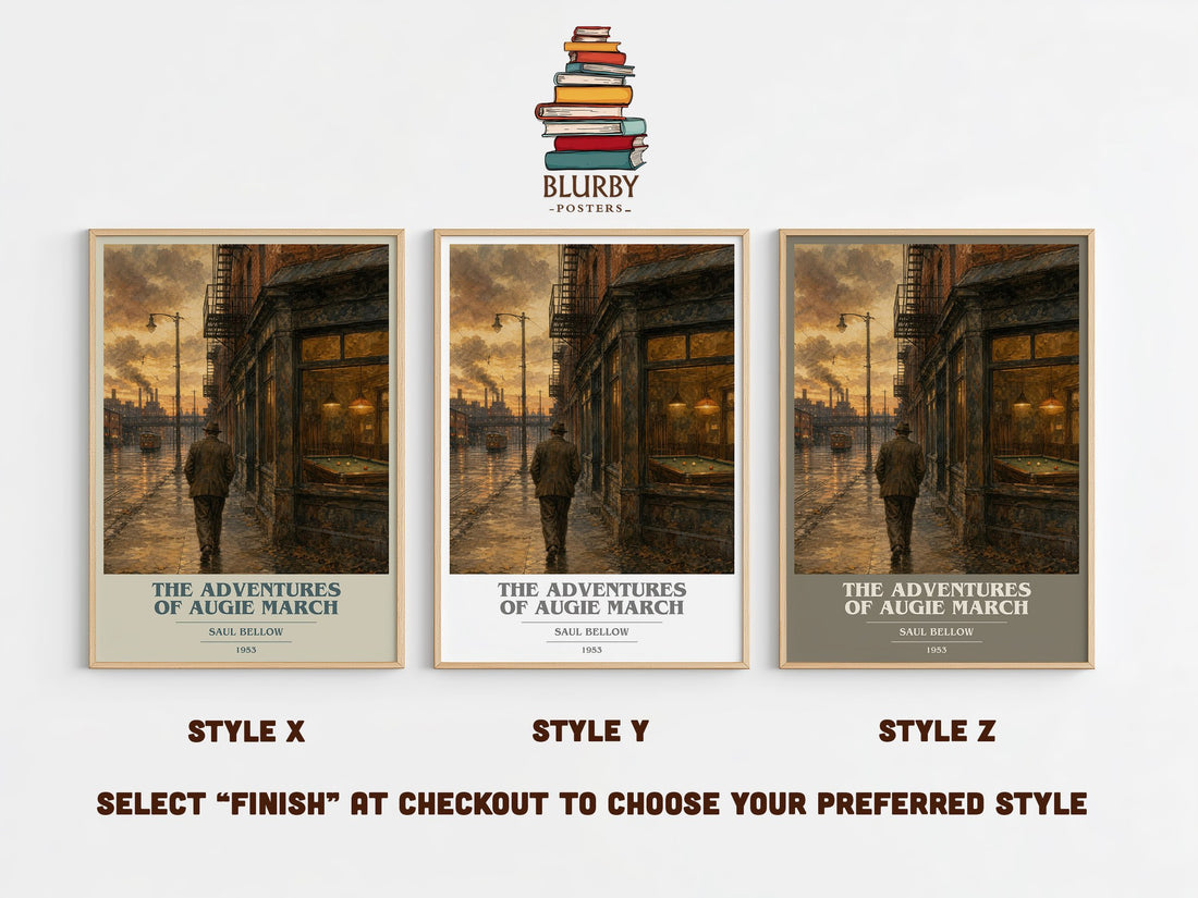 The Adventures of Augie March book cover print in frame leaning in hallway – literary fiction wall art (mockup)