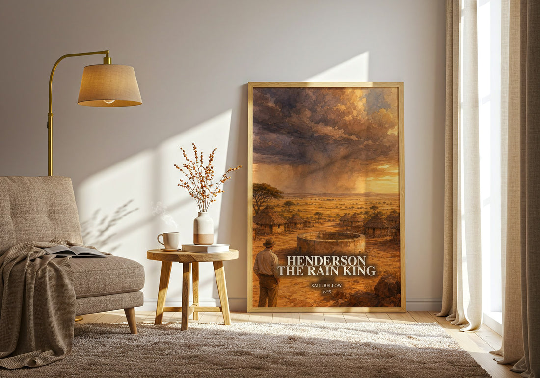 Henderson the Rain King watercolour print in frame leaning in hallway – literary fiction wall art (mockup)