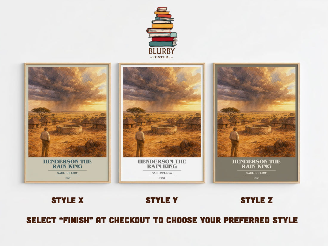 Henderson the Rain King book cover print in frame leaning in hallway – literary fiction wall art (mockup)