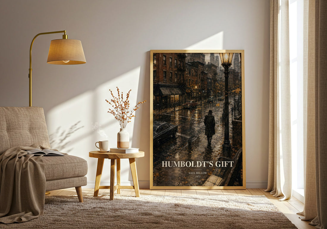 Humboldt's Gift watercolour print in frame leaning in hallway – literary fiction wall art (mockup)