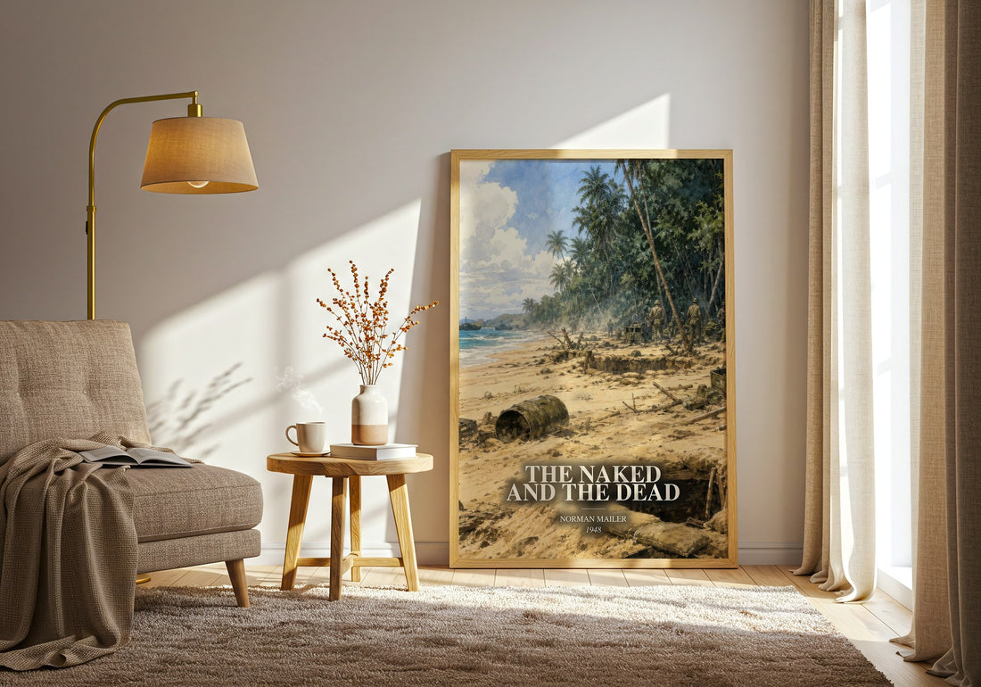 The Naked and the Dead watercolour print in frame leaning in hallway – literary fiction wall art (mockup)