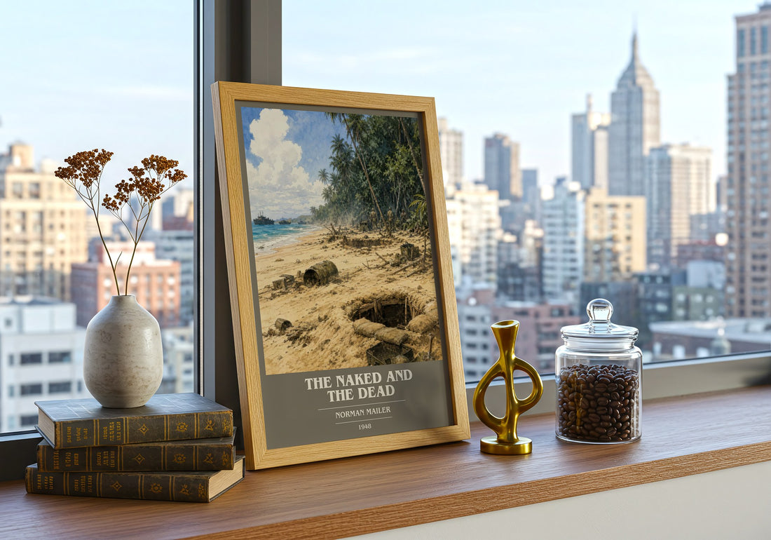 The Naked and the Dead book cover print framed by window – literary home decor