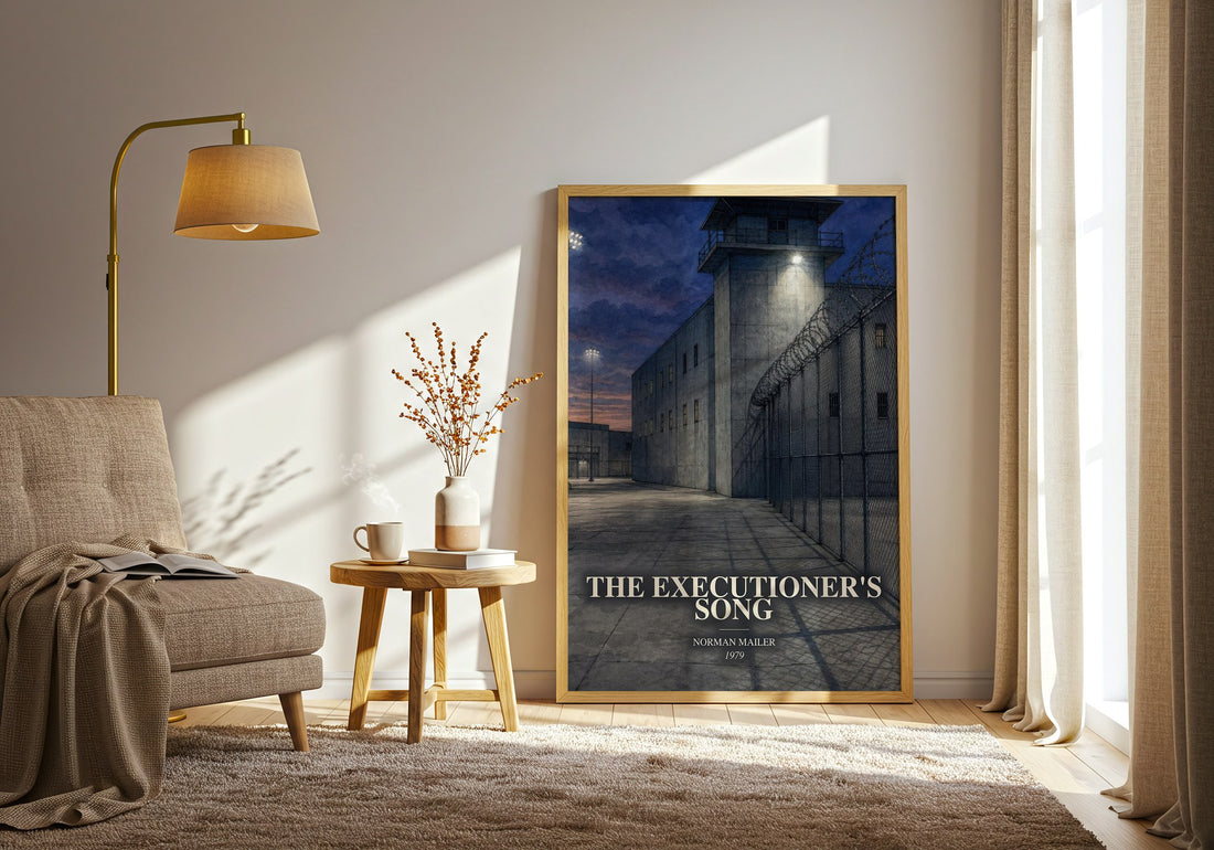 The Executioner's Song watercolour print in frame leaning in hallway – non fiction wall art (mockup)
