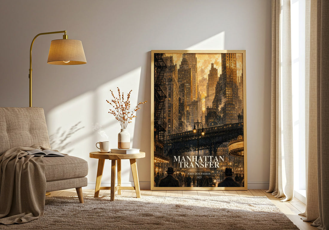 Manhattan Transfer watercolour print in frame leaning in hallway – literary fiction wall art (mockup)
