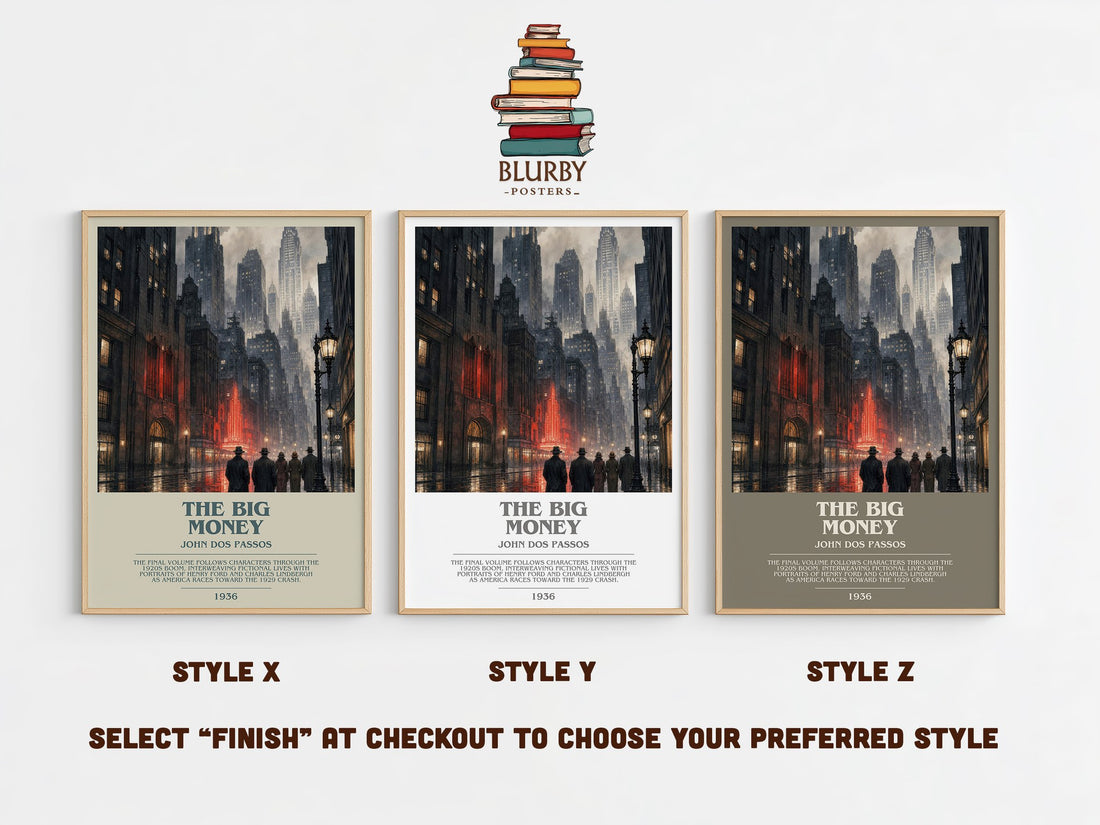 The Big Money bookish print in frame leaning in hallway – literary fiction wall art (mockup)