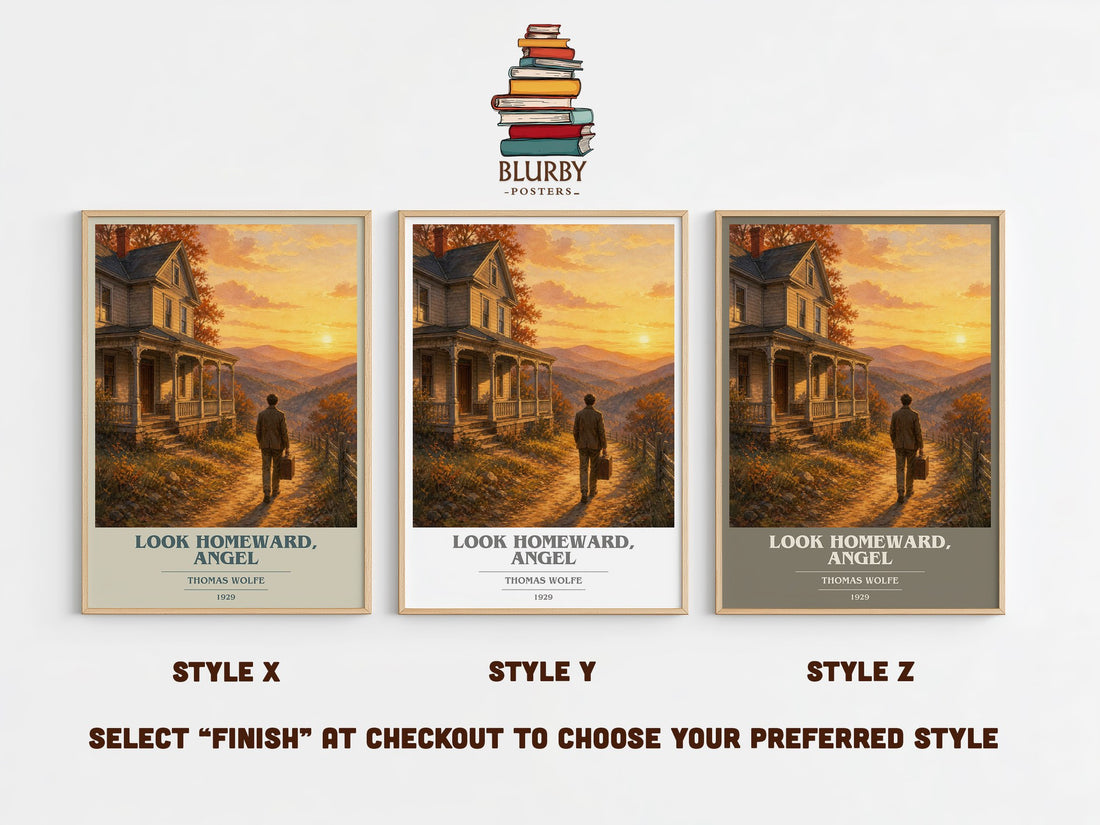 Look Homeward, Angel book cover print in frame leaning in hallway – coming of age wall art (mockup)