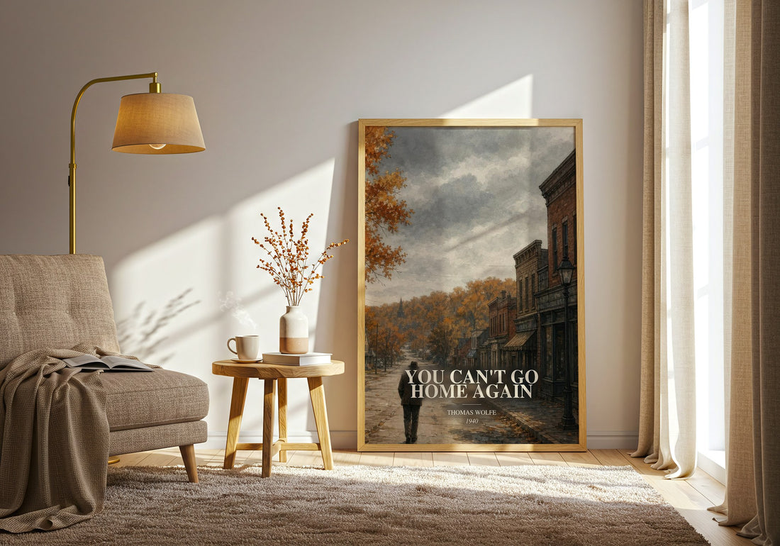You Can't Go Home Again watercolour print in frame leaning in hallway – literary fiction wall art (mockup)