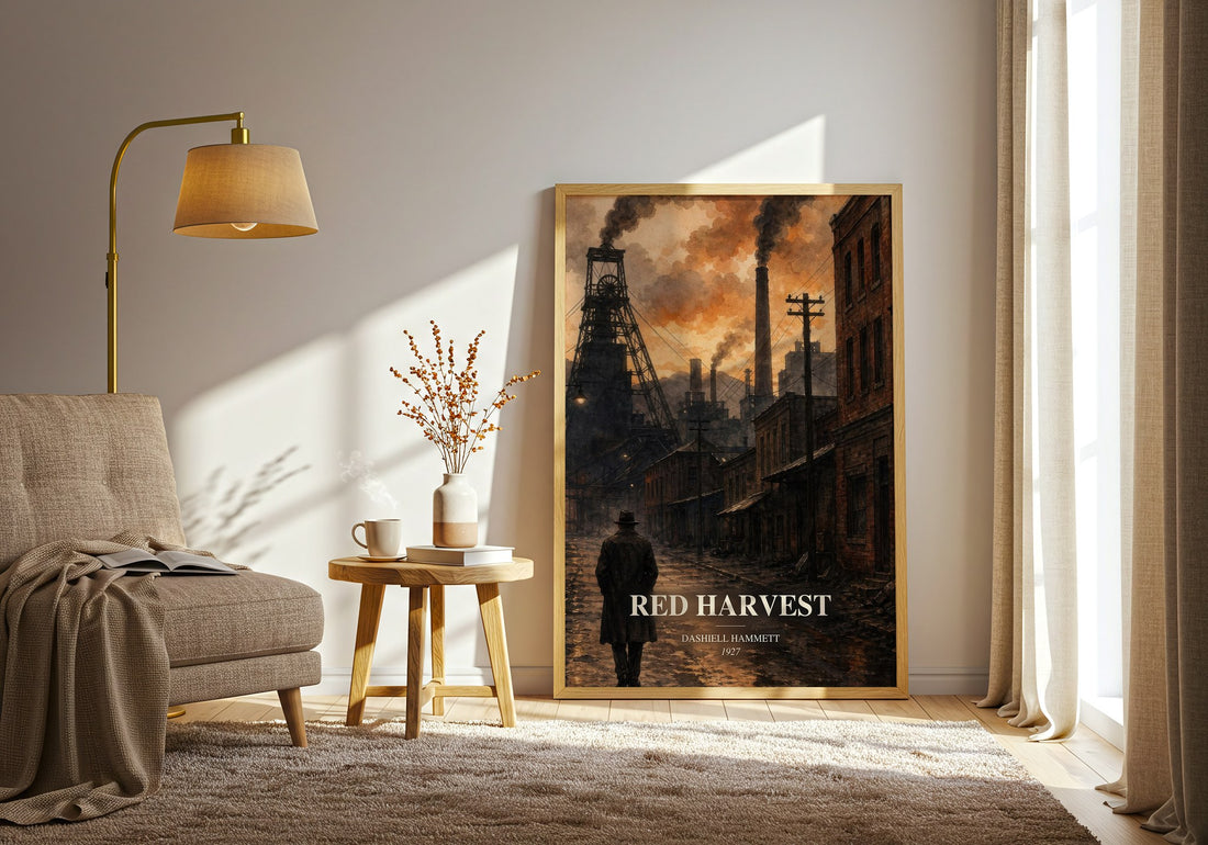 Red Harvest watercolour print in frame leaning in hallway – crime wall art (mockup)