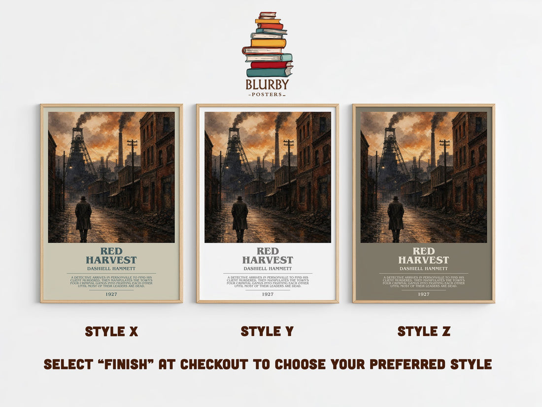 Red Harvest bookish print in frame leaning in hallway – crime wall art (mockup)
