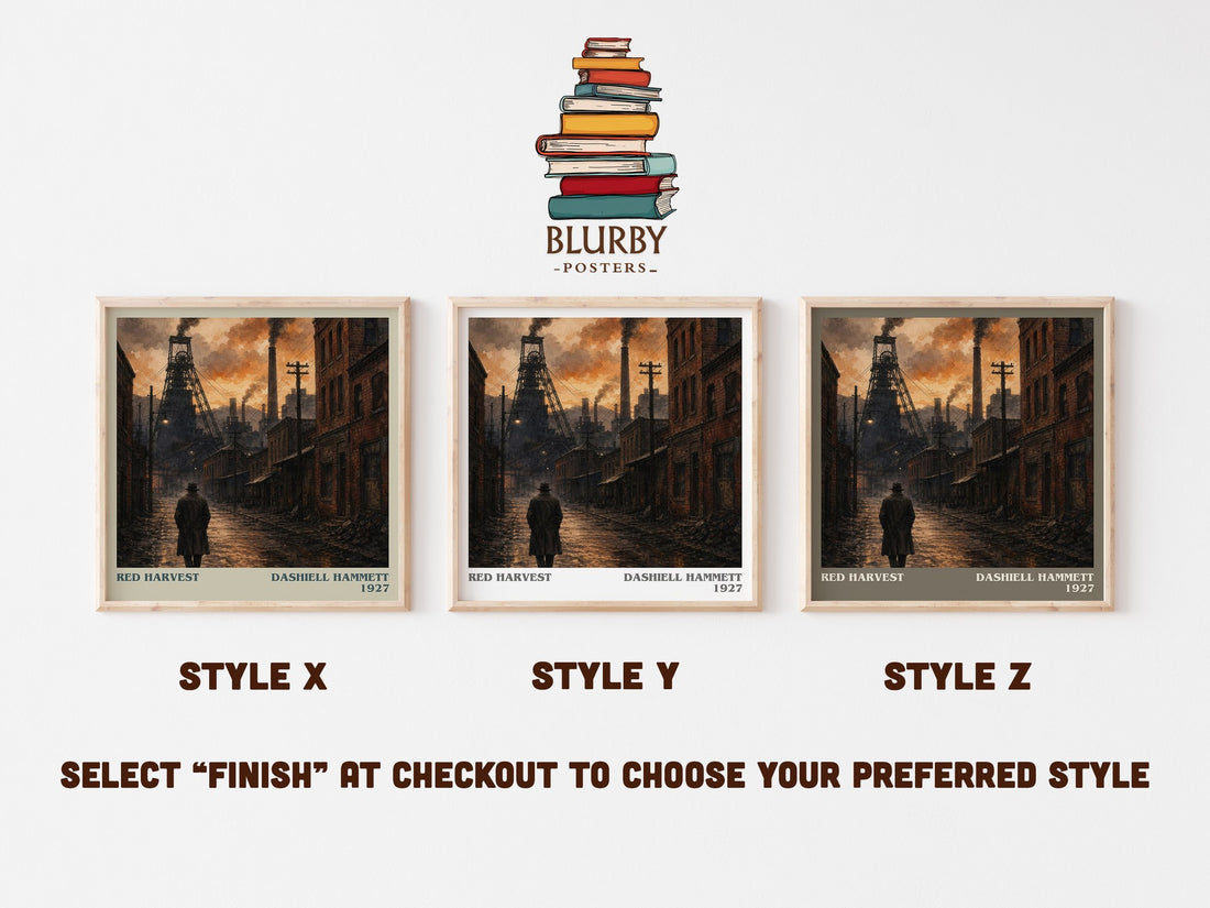 Red Harvest literary print in frame leaning in hallway – crime wall art (mockup)