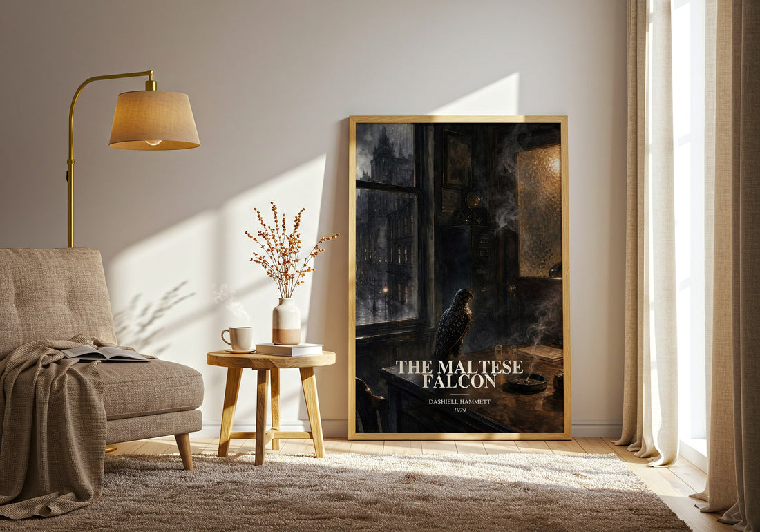 The Maltese Falcon watercolour print in frame leaning in hallway – crime wall art (mockup)