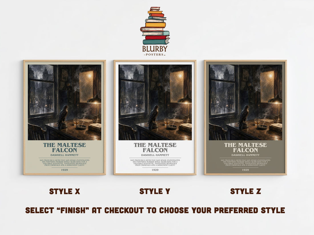 The Maltese Falcon bookish print in frame leaning in hallway – crime wall art (mockup)