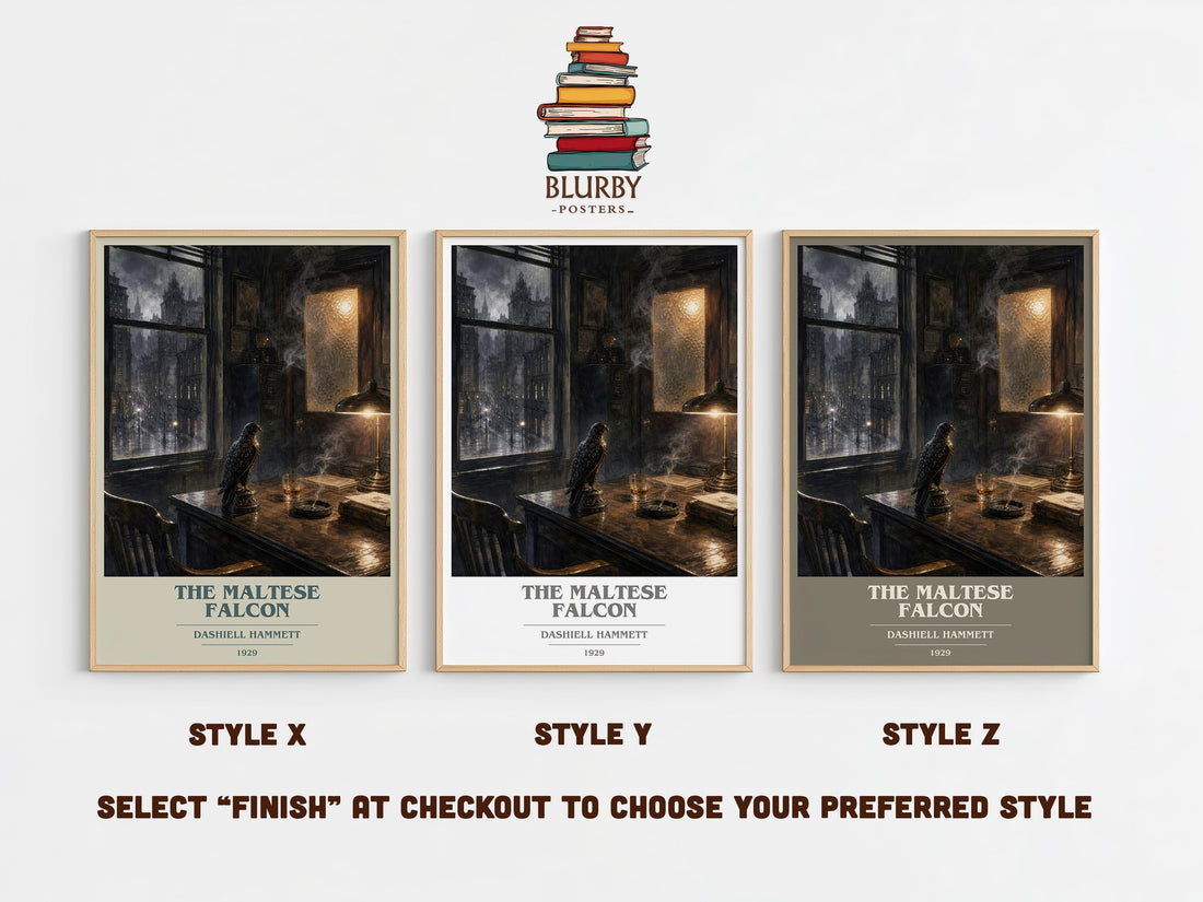 The Maltese Falcon book cover print in frame leaning in hallway – crime wall art (mockup)