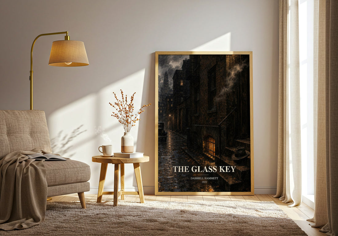 The Glass Key watercolour print in frame leaning in hallway – crime wall art (mockup)
