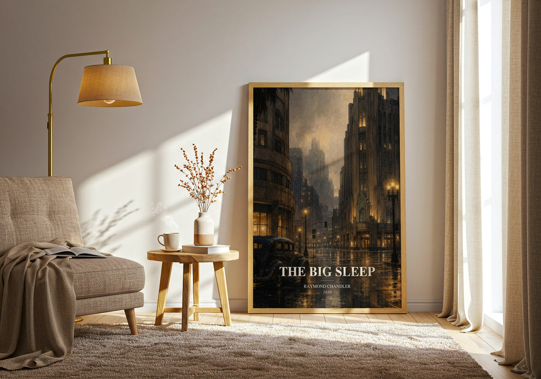 The Big Sleep watercolour print in frame leaning in hallway – crime wall art (mockup)