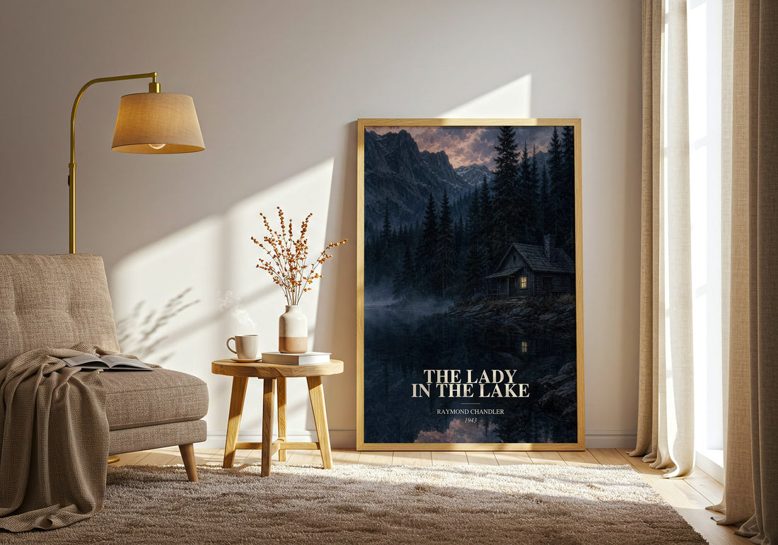 The Lady in the Lake watercolour print in frame leaning in hallway – crime wall art (mockup)