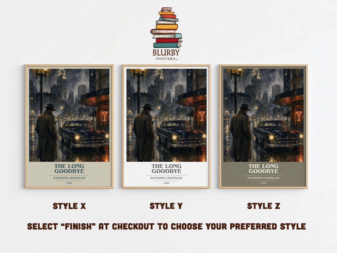 The Long Goodbye book cover print in frame leaning in hallway – crime wall art (mockup)