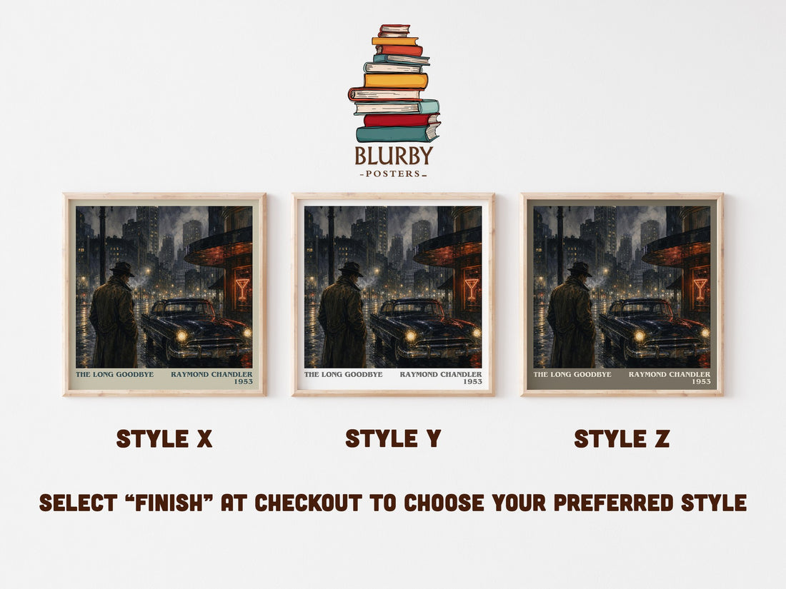 The Long Goodbye literary print in frame leaning in hallway – crime wall art (mockup)