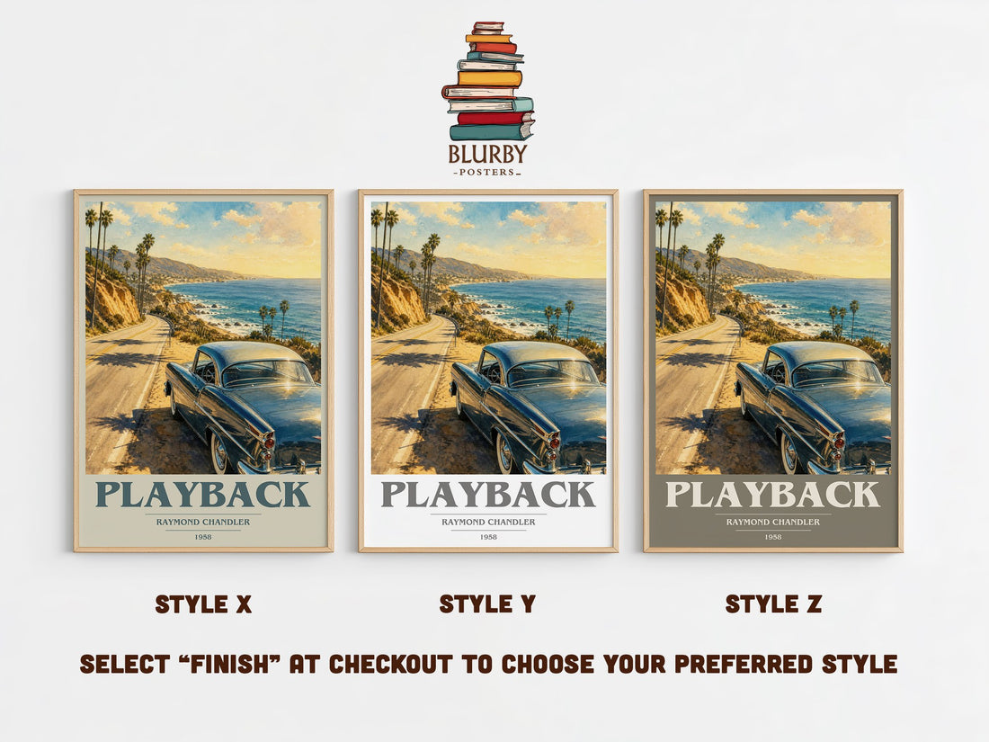 Playback book cover print in frame leaning in hallway – crime wall art (mockup)