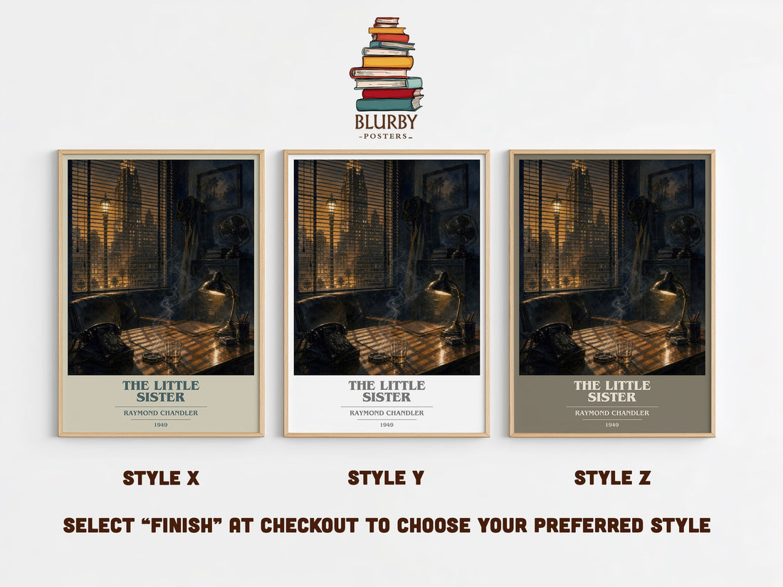 The Little Sister book cover print in frame leaning in hallway – crime wall art (mockup)