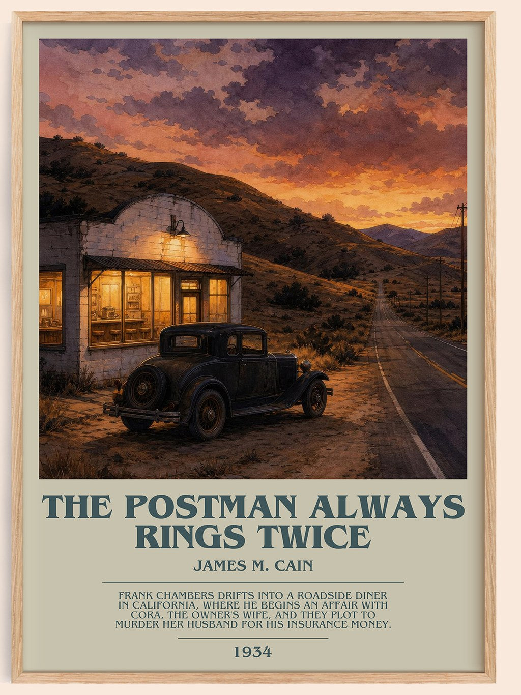The Postman Always Rings Twice bookish book poster by James M. Cain – framed literary art print