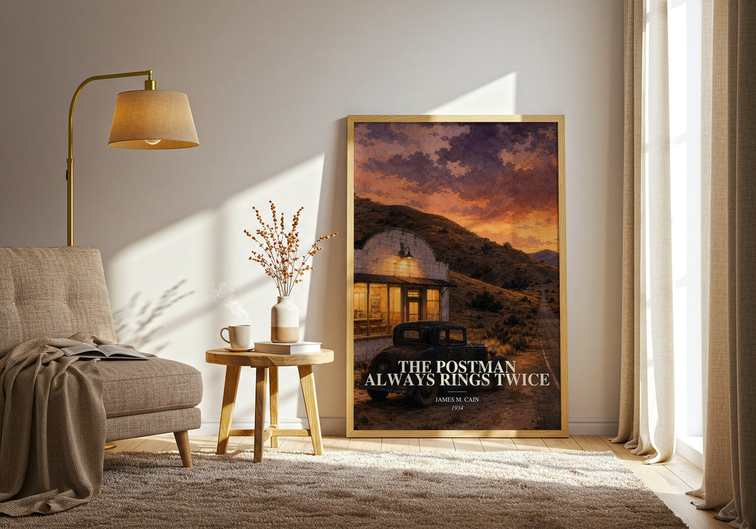 The Postman Always Rings Twice watercolour print in frame leaning in hallway – crime wall art (mockup)