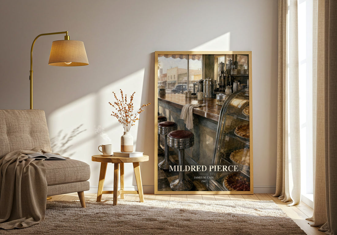 Mildred Pierce watercolour print in frame leaning in hallway – literary fiction wall art (mockup)