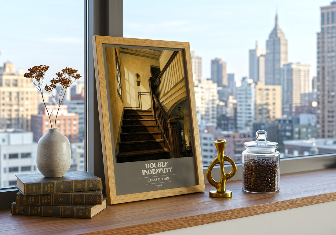 Double Indemnity book cover print framed by window – literary home decor