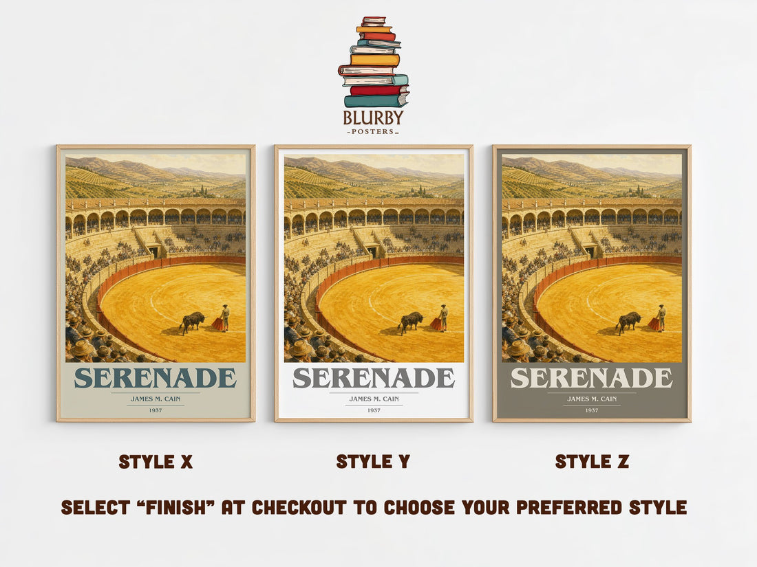 Serenade book cover print in frame leaning in hallway – literary fiction wall art (mockup)