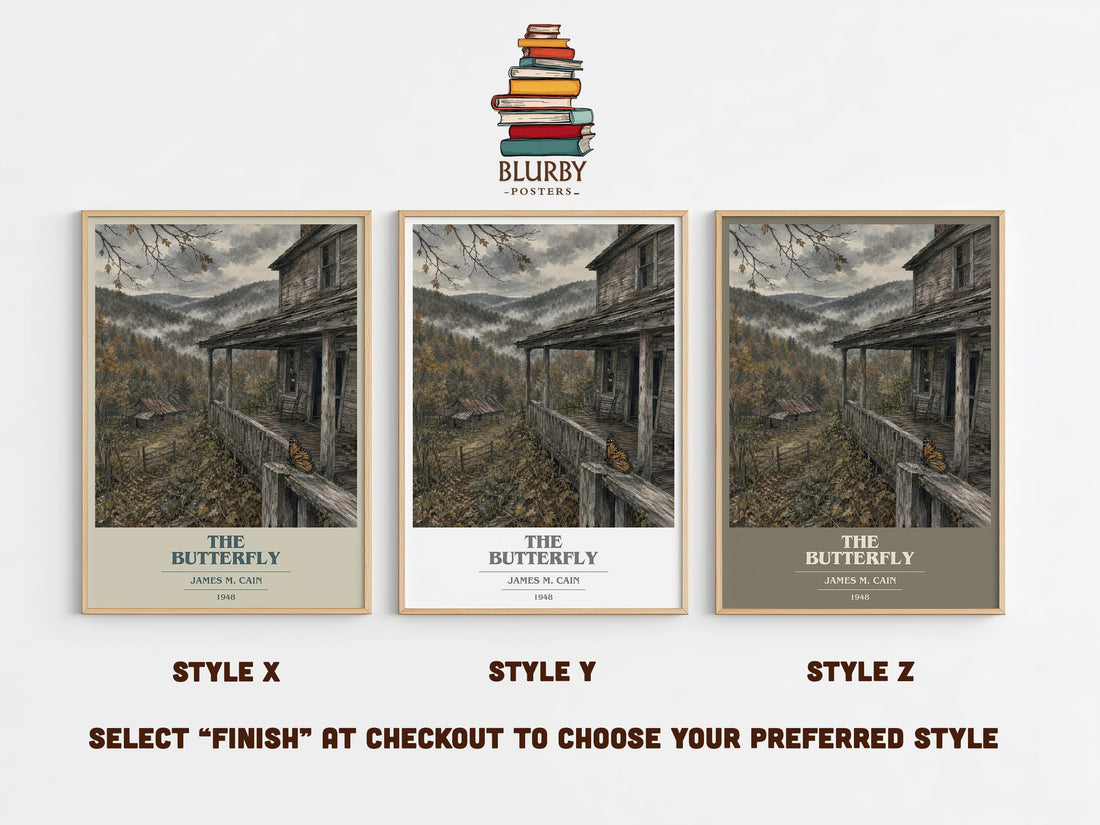 The Butterfly book cover print in frame leaning in hallway – crime wall art (mockup)