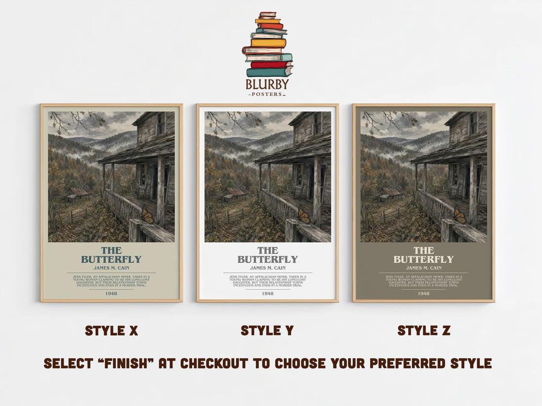 The Butterfly bookish print in frame leaning in hallway – crime wall art (mockup)