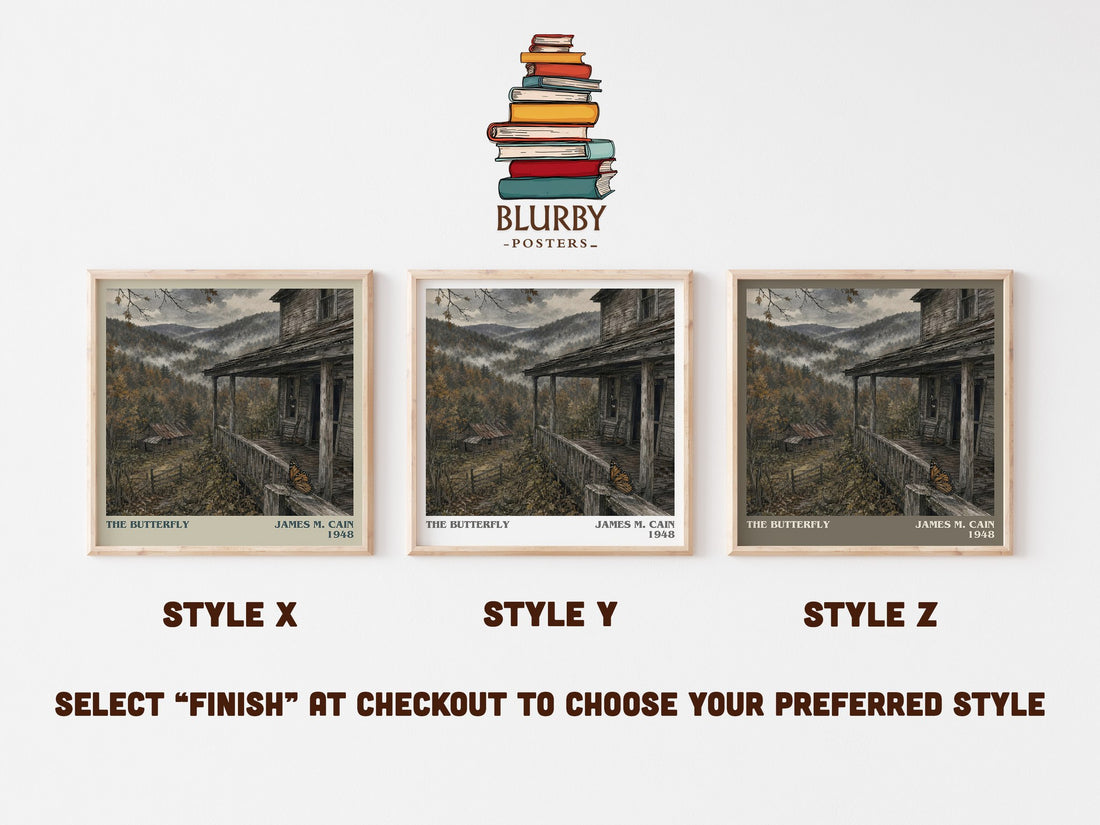 The Butterfly literary print in frame leaning in hallway – crime wall art (mockup)