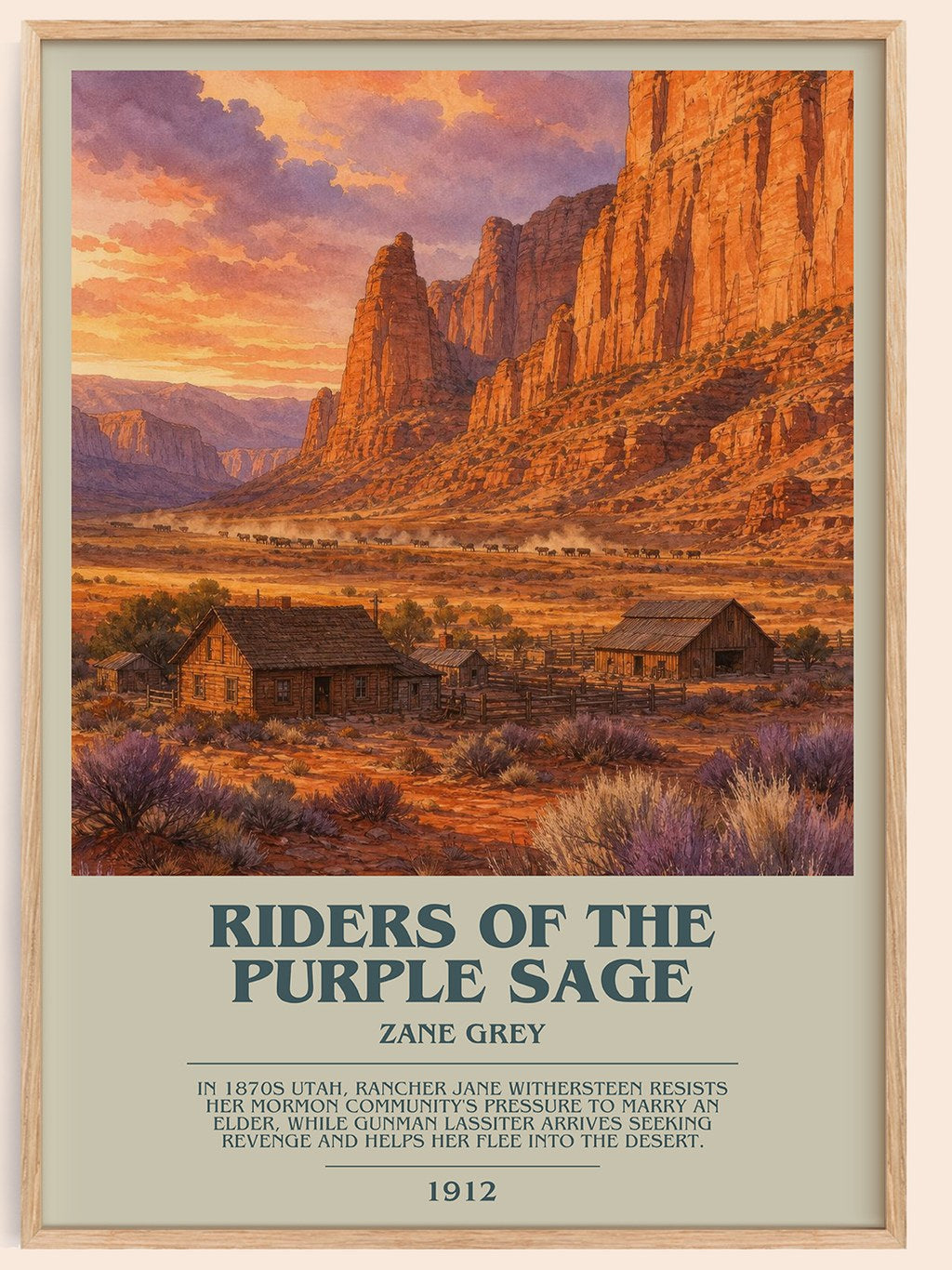 Riders of the Purple Sage bookish book poster by Zane Grey – framed literary art print
