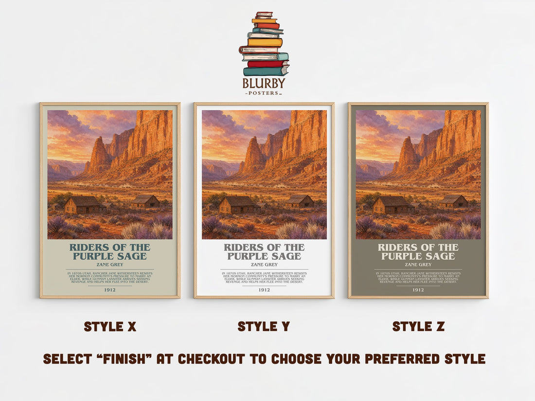Riders of the Purple Sage bookish print in frame leaning in hallway – adventure wall art (mockup)