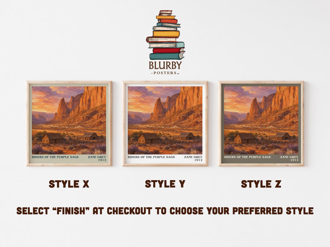 Riders of the Purple Sage literary print in frame leaning in hallway – adventure wall art (mockup)