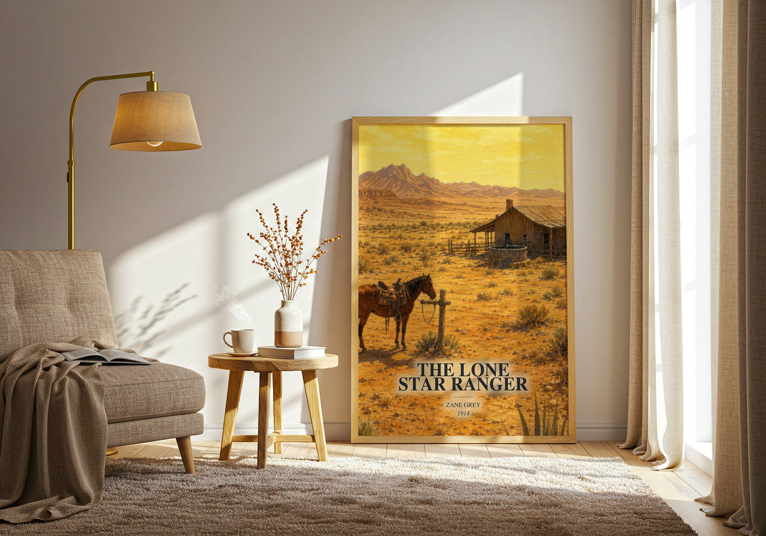 The Lone Star Ranger watercolour print in frame leaning in hallway – adventure wall art (mockup)