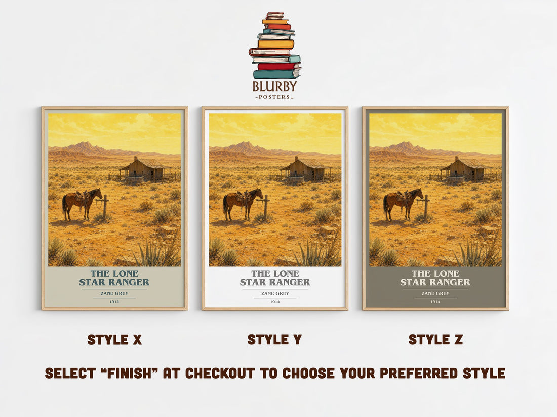 The Lone Star Ranger book cover print in frame leaning in hallway – adventure wall art (mockup)