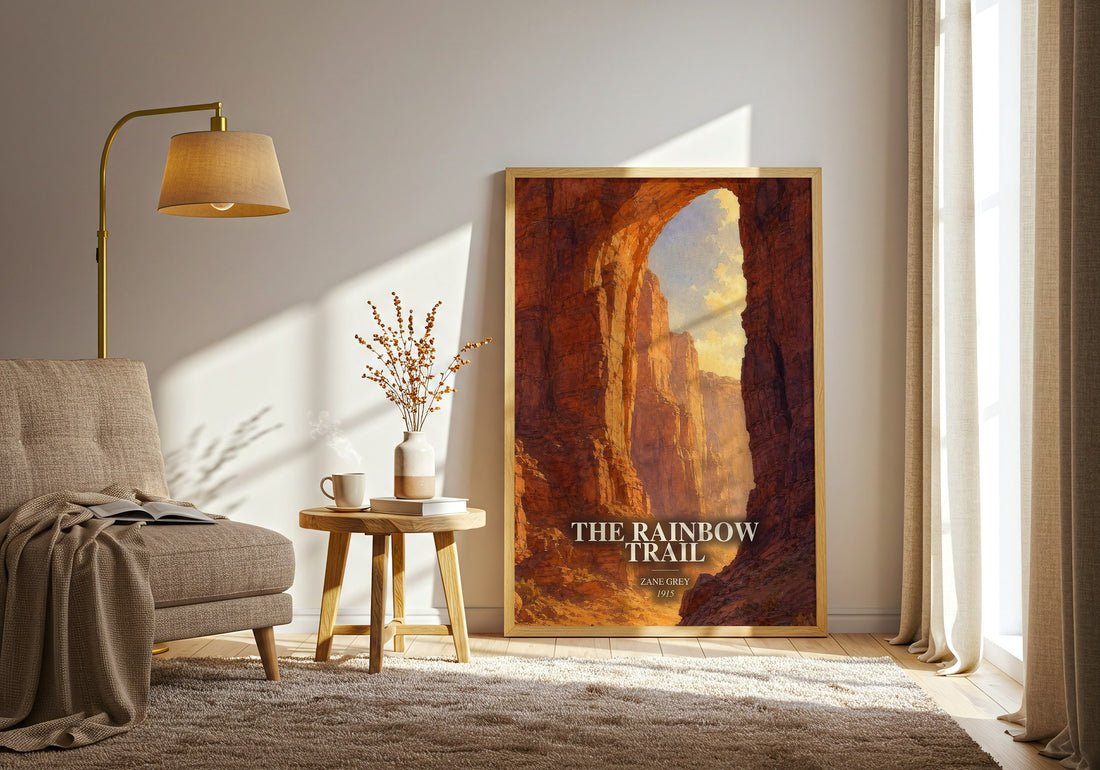 The Rainbow Trail watercolour print in frame leaning in hallway – adventure wall art (mockup)