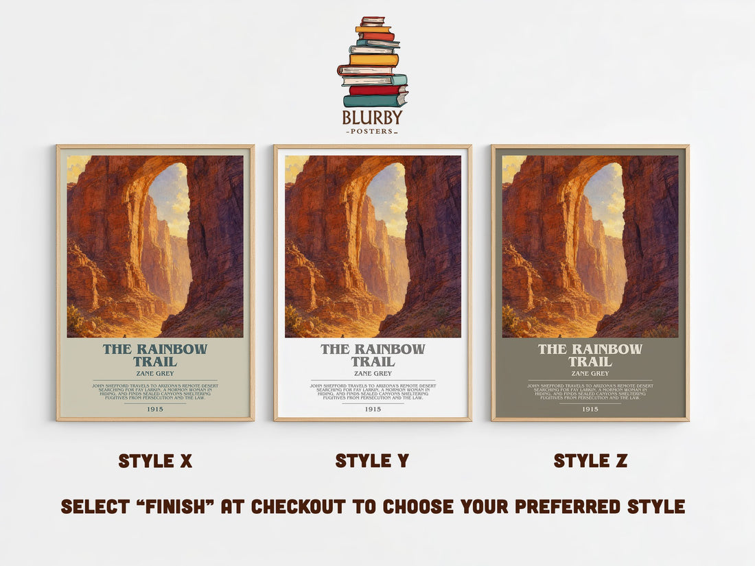 The Rainbow Trail bookish print in frame leaning in hallway – adventure wall art (mockup)