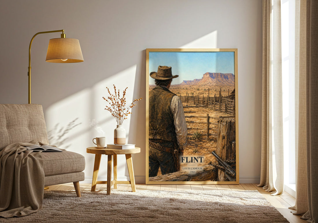 Flint watercolour print in frame leaning in hallway – adventure wall art (mockup)