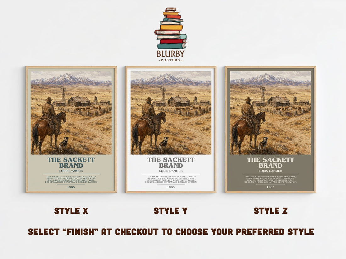 The Sackett Brand bookish print in frame leaning in hallway – adventure wall art (mockup)